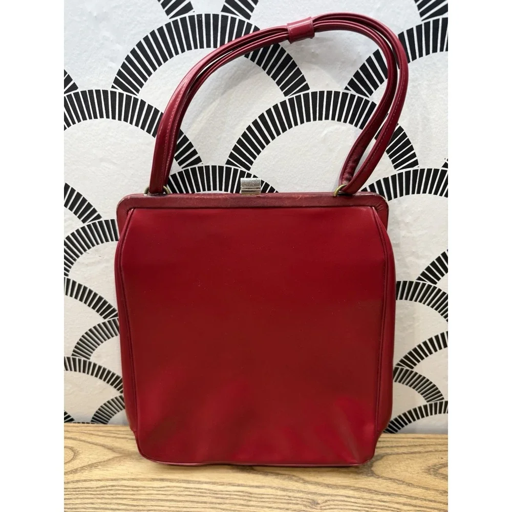 VTG 1950s red leather Dofanette frame hinged handbag purse France‎ Granny